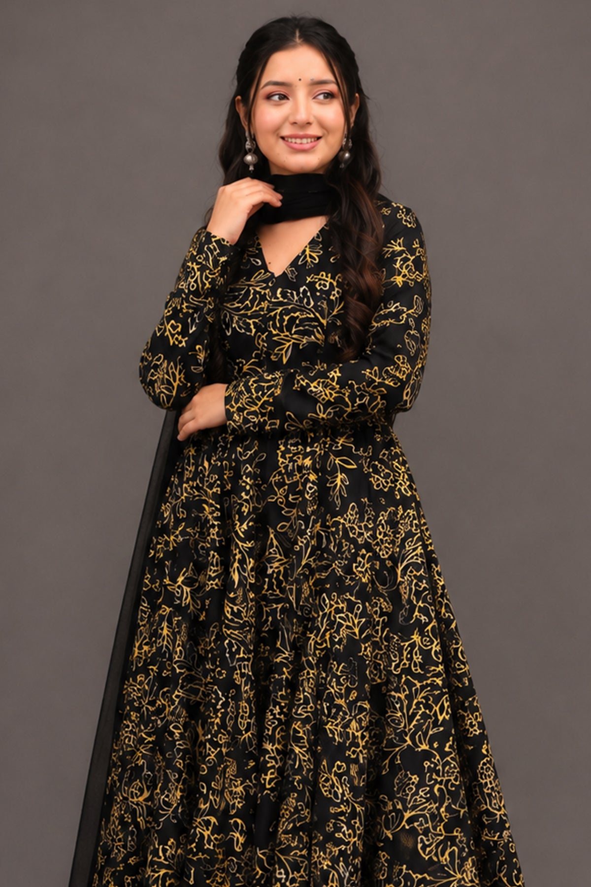 Onyx Black Whisper Leaf Printed Muslin Anarkali Kurti set