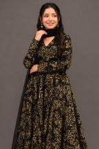 Onyx Black Whisper Leaf Printed Muslin Anarkali Kurti set