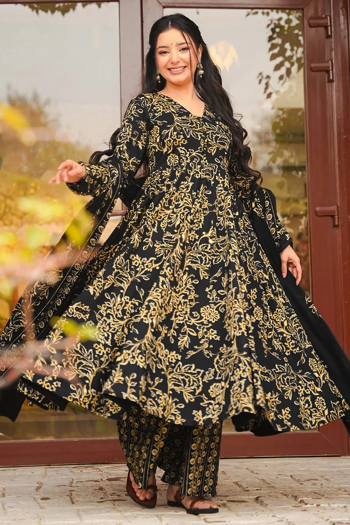 Onyx Black Whisper Leaf Printed Muslin Anarkali Kurti set