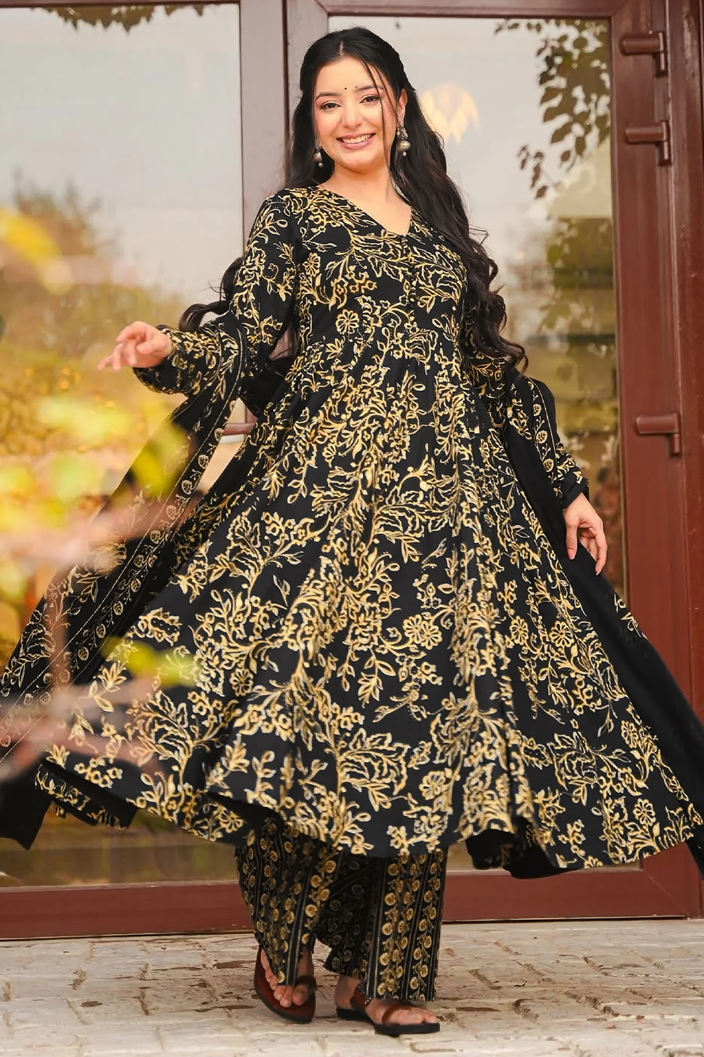 Onyx Black Whisper Leaf Printed Muslin Anarkali Kurti set