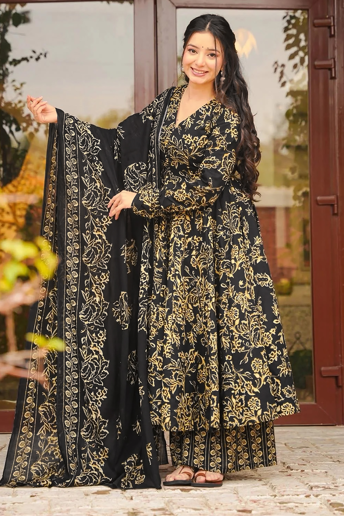 Onyx Black Whisper Leaf Printed Muslin Anarkali Kurti set