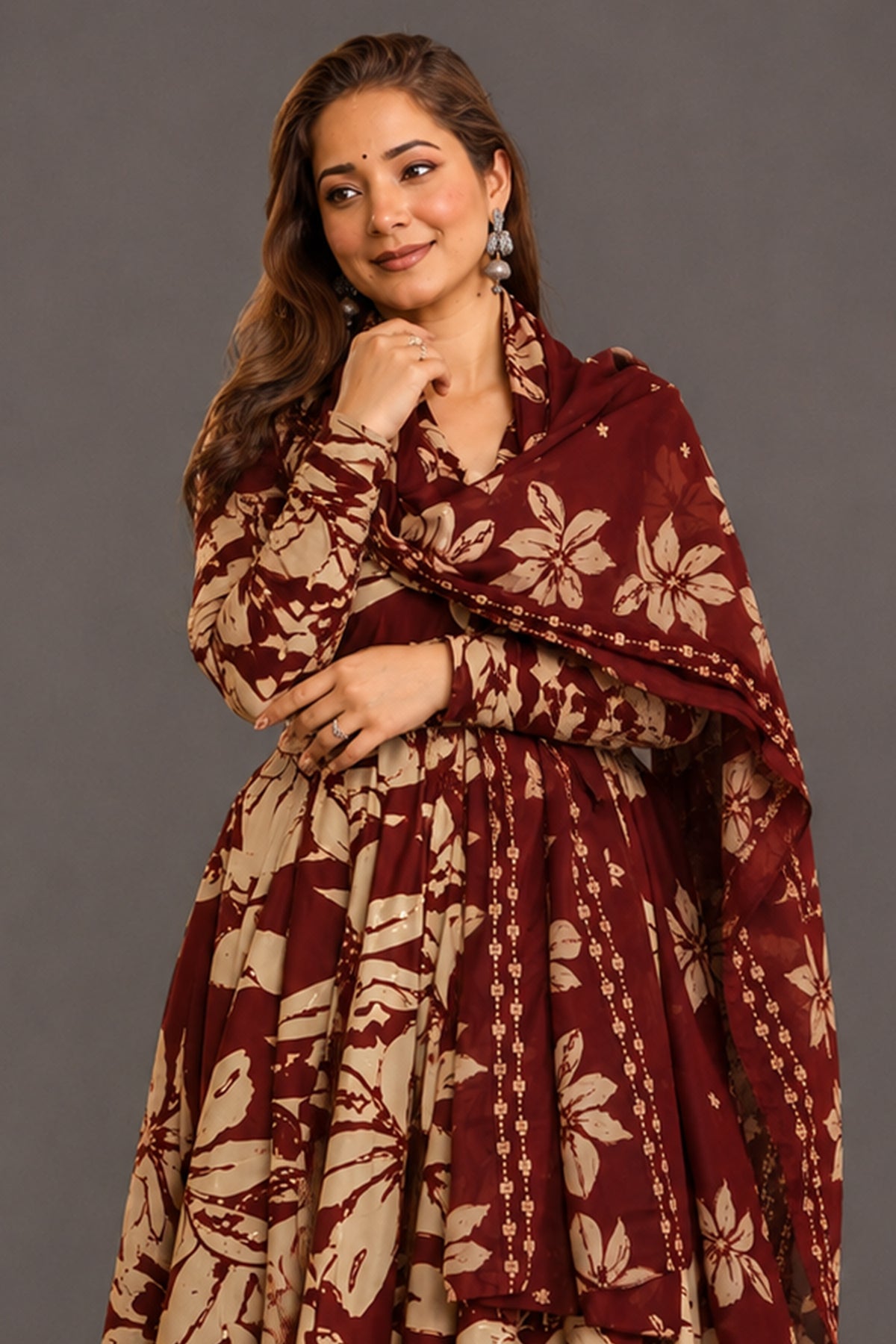 Imperial Ruby Vintage Floral Printed Muslin Silk Kurti Set