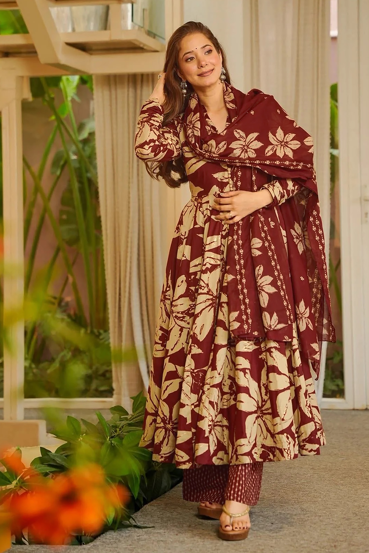 Imperial Ruby Vintage Floral Printed Muslin Silk Kurti Set
