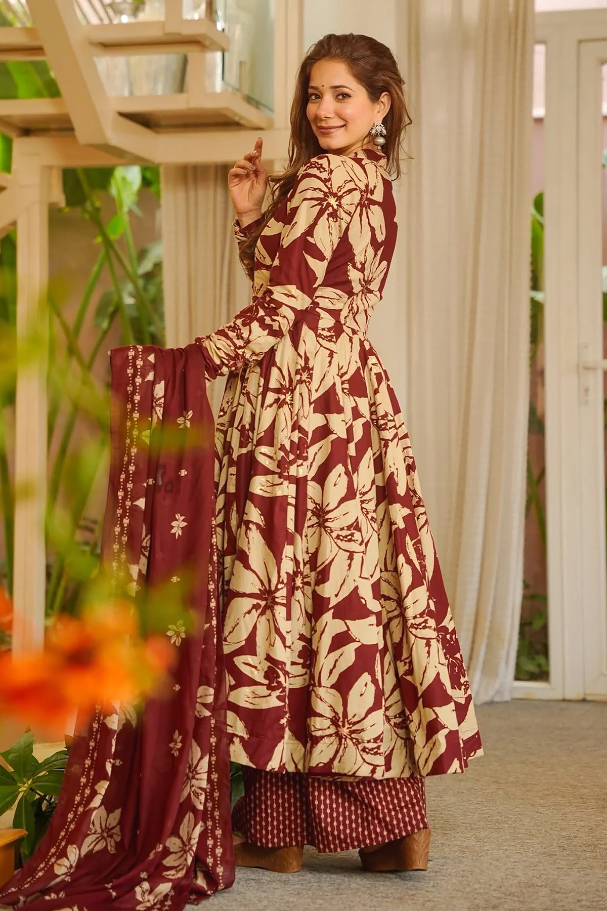 Imperial Ruby Vintage Floral Printed Muslin Silk Kurti Set