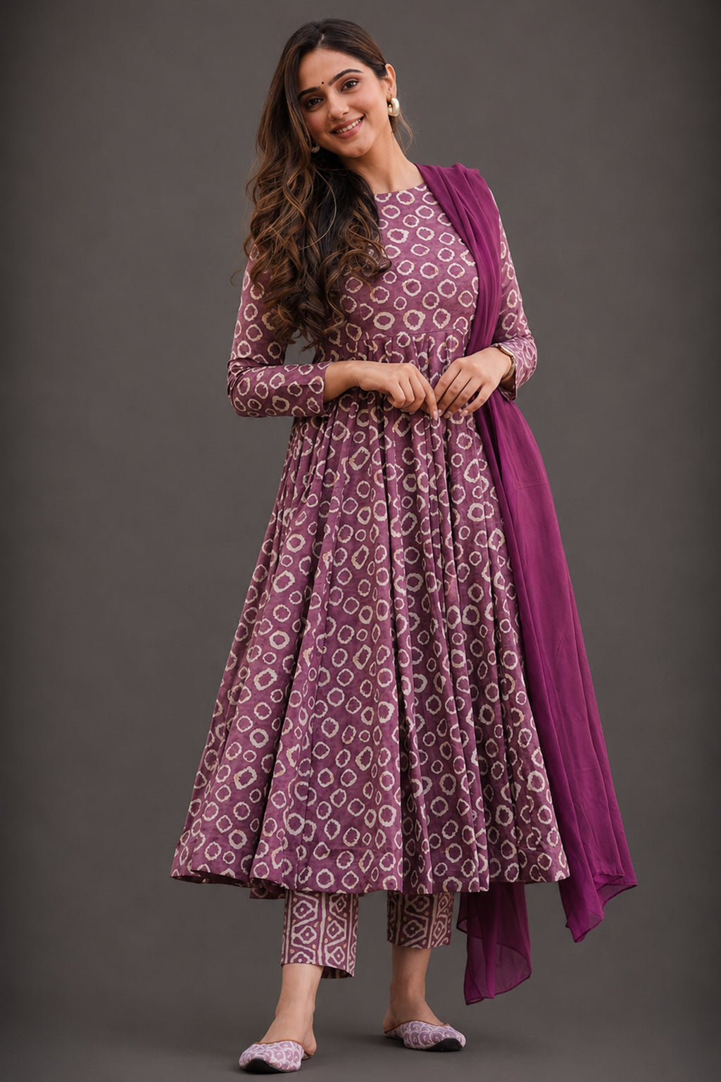 Purple & White Geometric Printed Cotton Silk Flared Kurti Set
