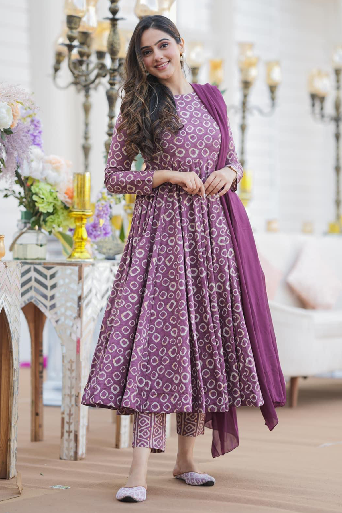 Purple & White Geometric Printed Cotton Silk Flared Kurti Set