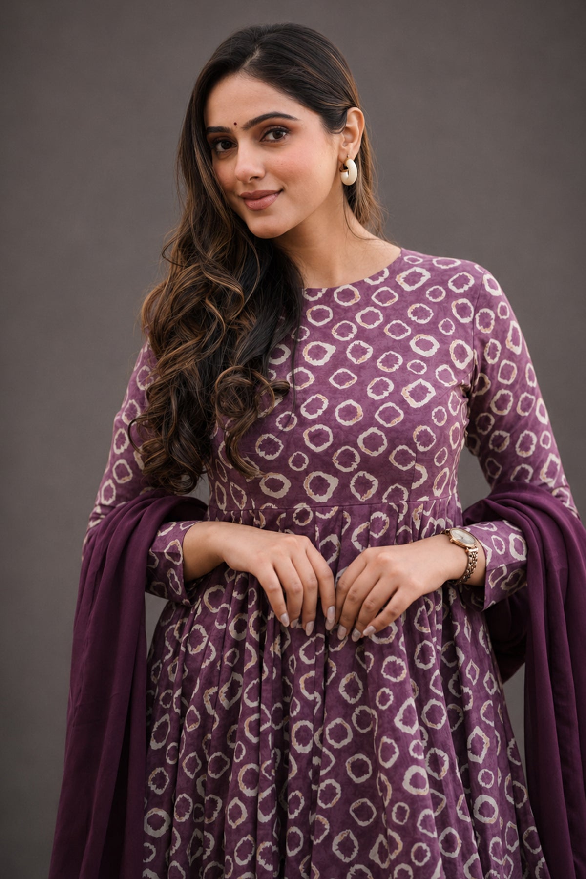Purple & White Geometric Printed Cotton Silk Flared Kurti Set