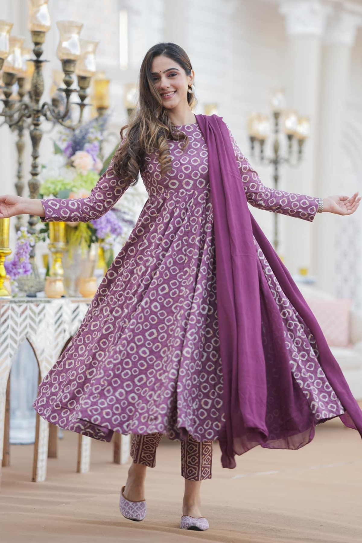 Purple & White Geometric Printed Cotton Silk Flared Kurti Set