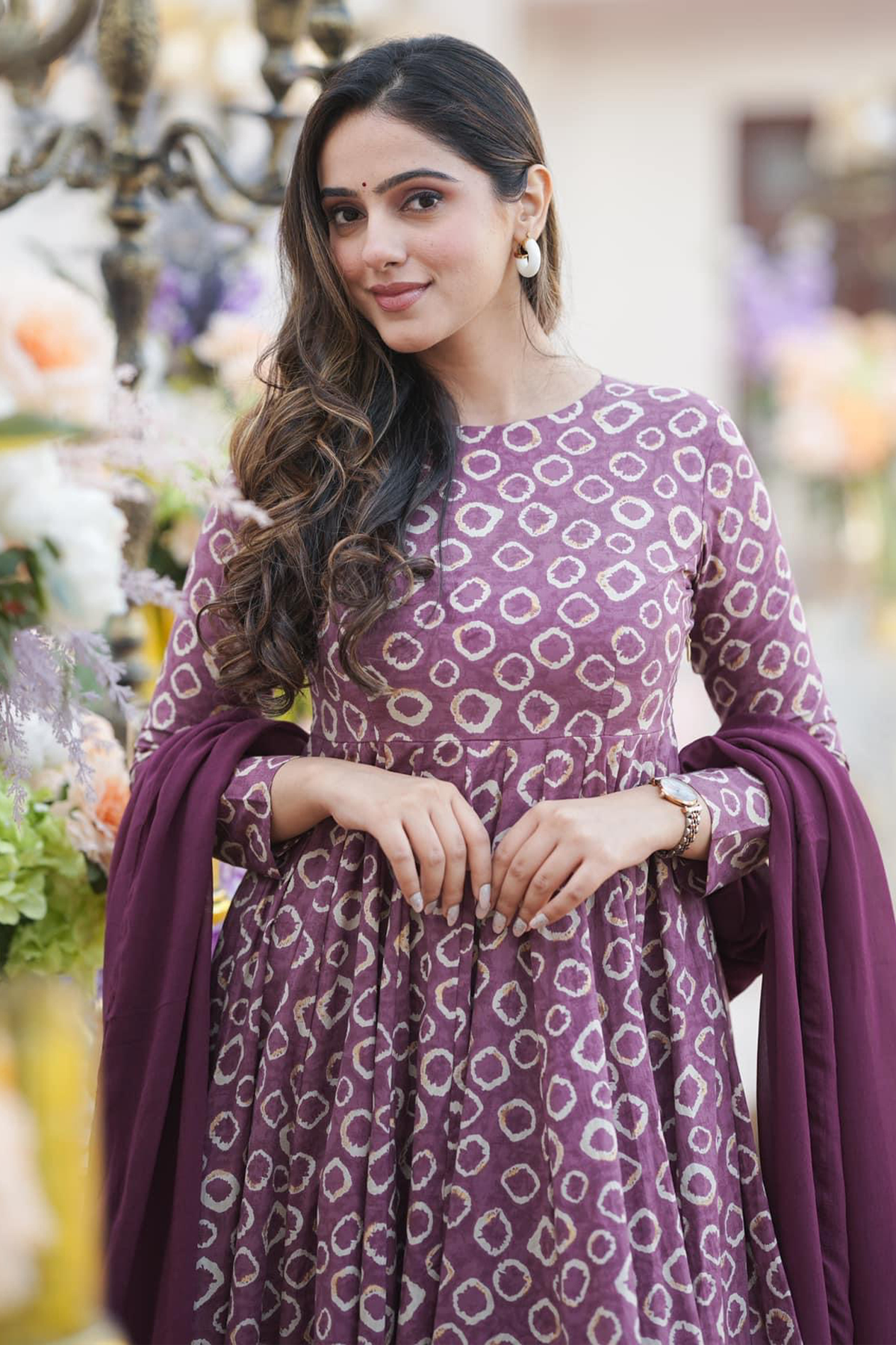 Purple & White Geometric Printed Cotton Silk Flared Kurti Set