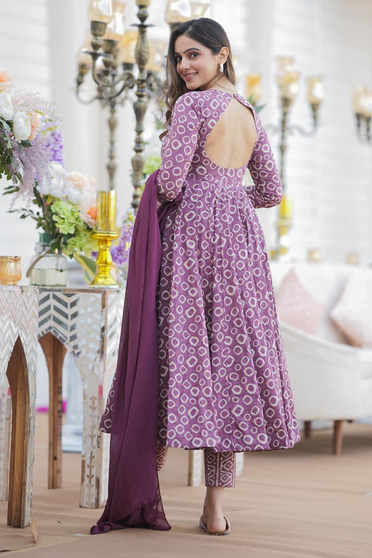 Purple & White Geometric Printed Cotton Silk Flared Kurti Set