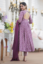 Purple & White Geometric Printed Cotton Silk Flared Kurti Set
