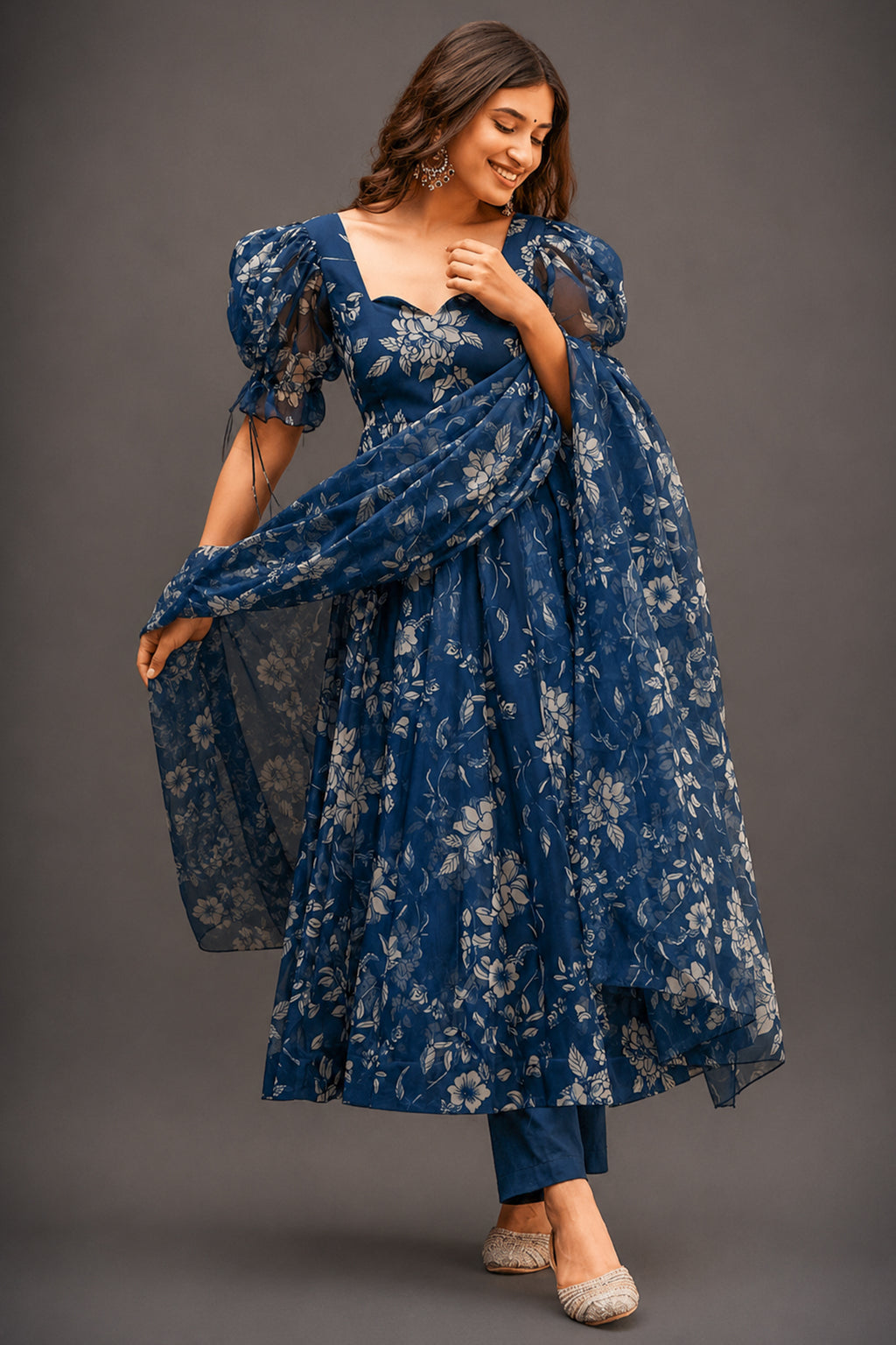Indigo Blue Floral Printed Tabby Silk Flared Anarkali Kurti Set