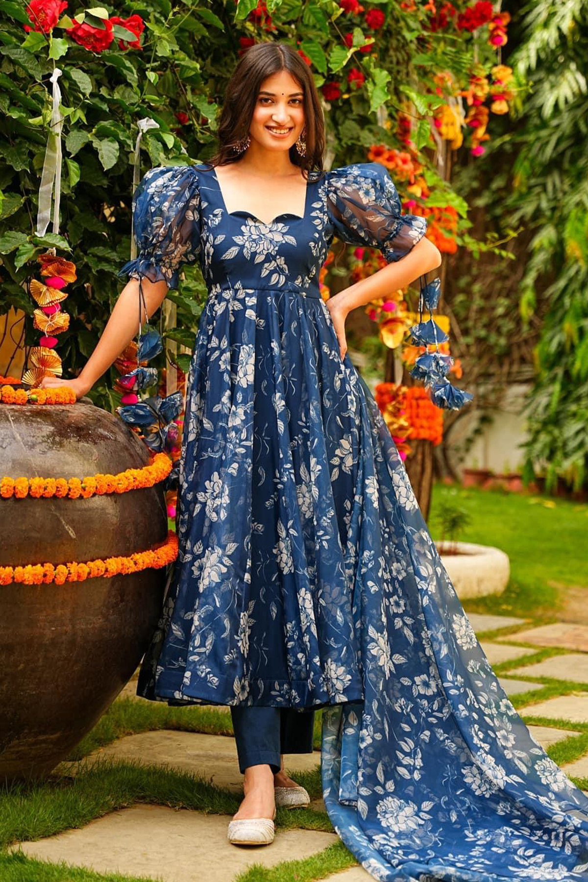 Indigo Blue Floral Printed Tabby Silk Flared Anarkali Kurti Set
