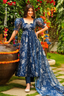 Indigo Blue Floral Printed Tabby Silk Flared Anarkali Kurti Set
