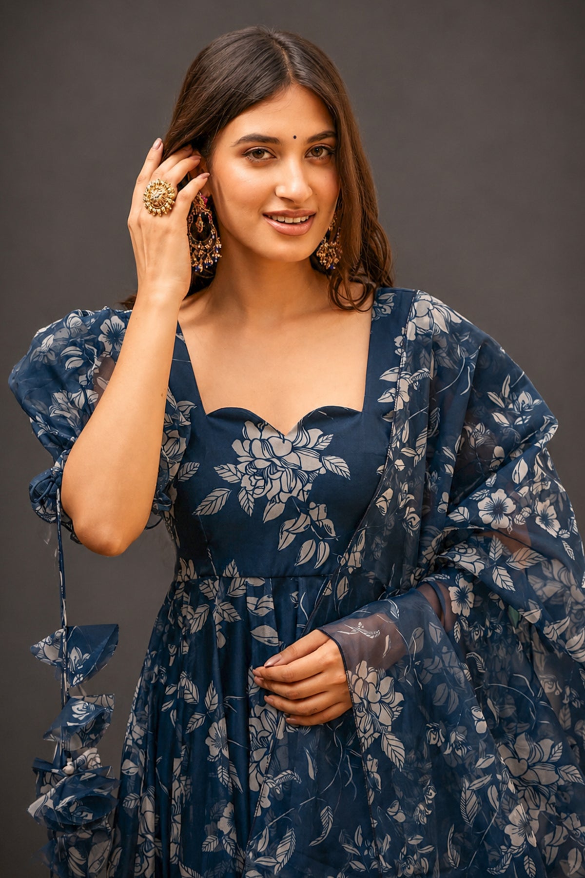 Indigo Blue Floral Printed Tabby Silk Flared Anarkali Kurti Set