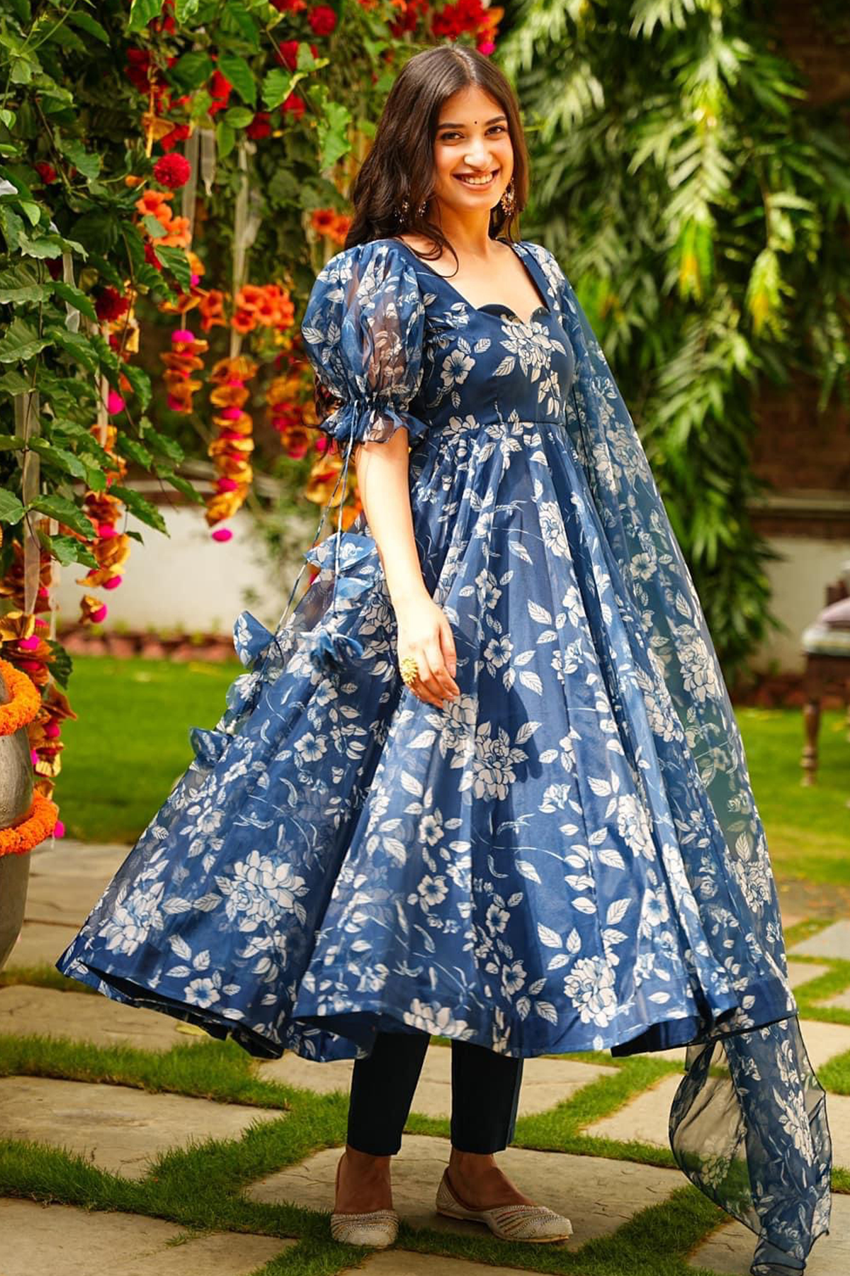 Indigo Blue Floral Printed Tabby Silk Flared Anarkali Kurti Set