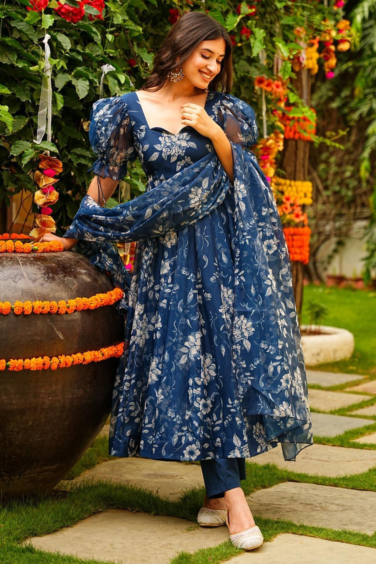 Indigo Blue Floral Printed Tabby Silk Flared Anarkali Kurti Set