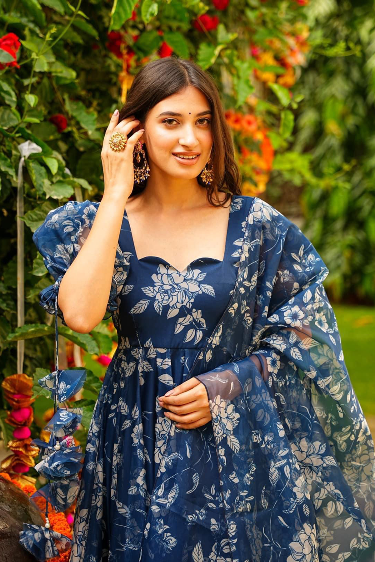 Indigo Blue Floral Printed Tabby Silk Flared Anarkali Kurti Set