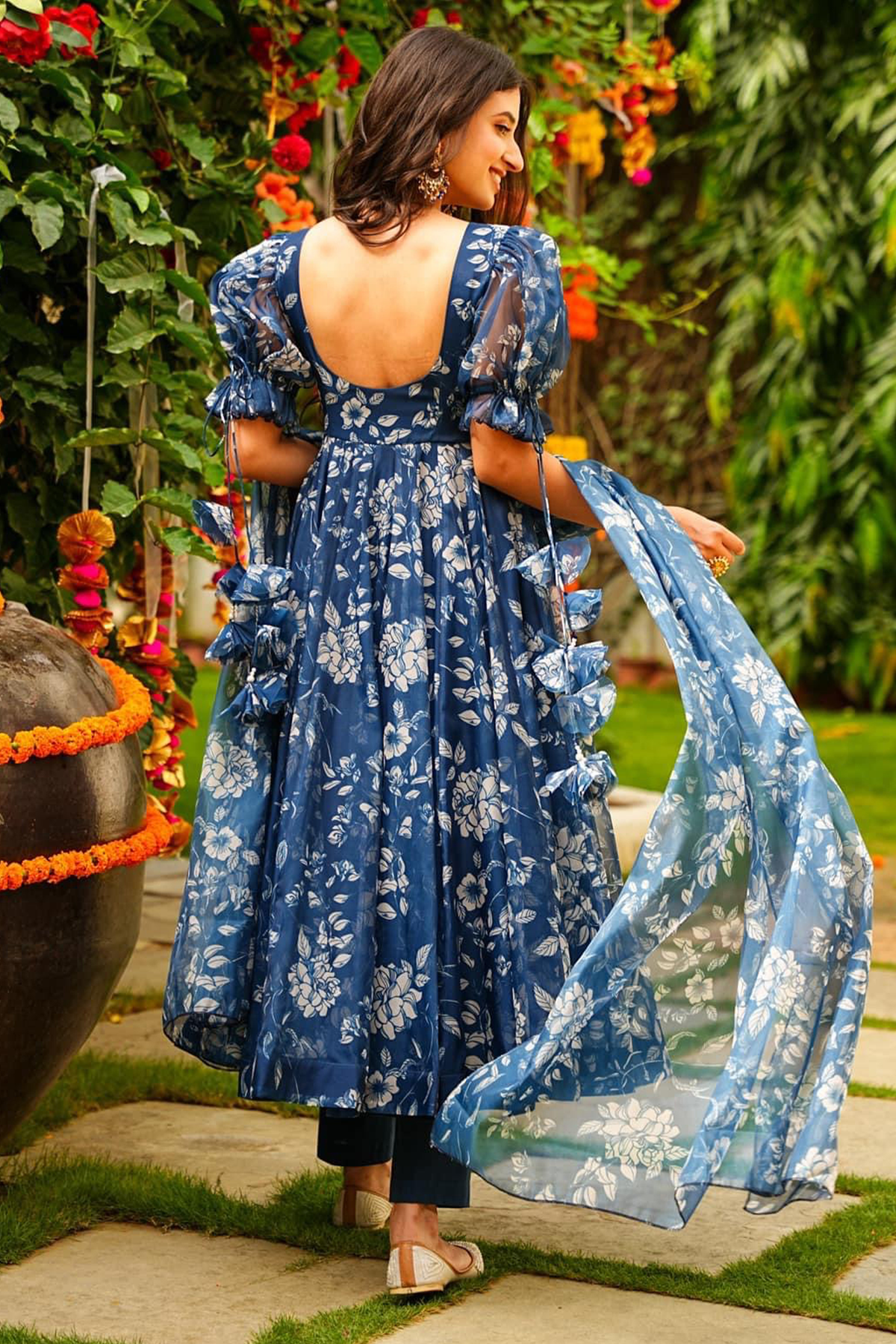 Indigo Blue Floral Printed Tabby Silk Flared Anarkali Kurti Set
