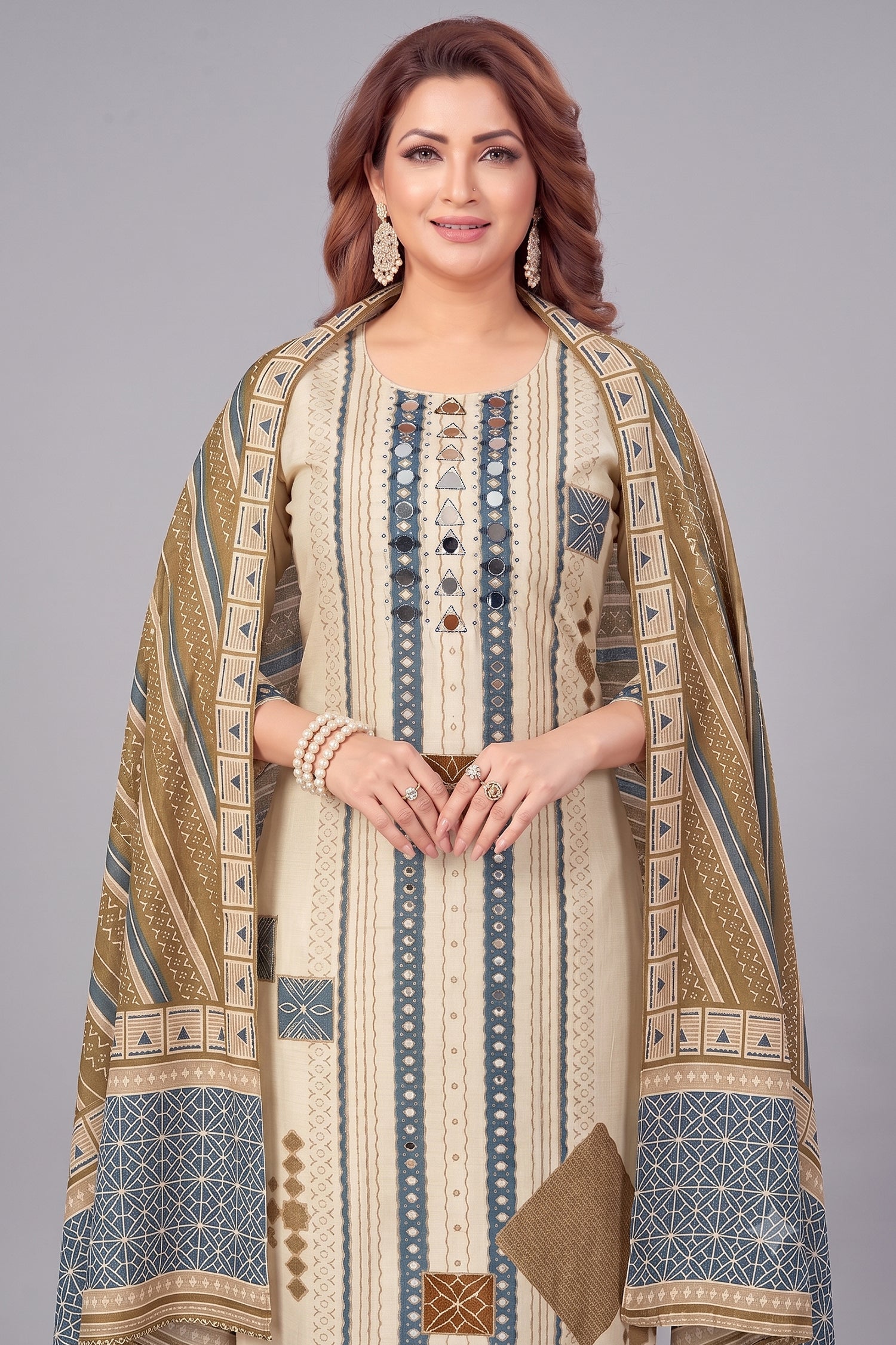 Cream Crepe Art Silk Printed Straight Cut Kurti Set with Mirror Work Secondary image