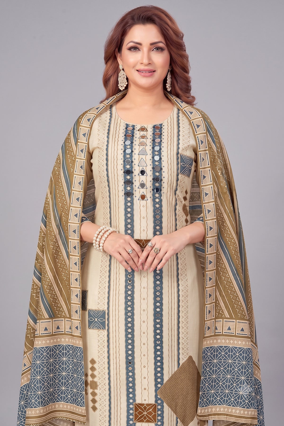 Cream Crepe Art Silk Printed Straight Cut Kurti Set with Mirror Work