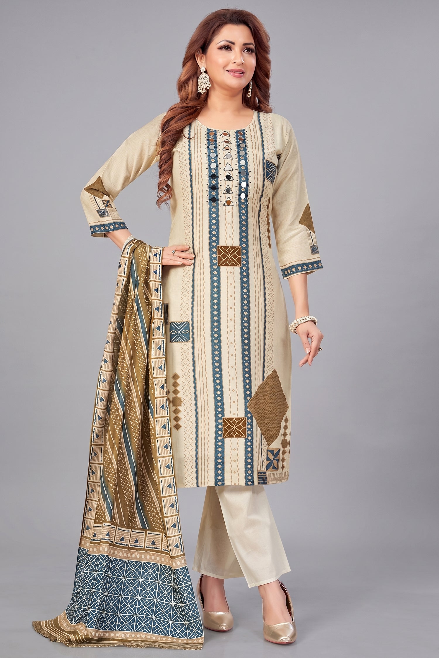 Cream Crepe Art Silk Printed Straight Cut Kurti Set with Mirror Work Main image