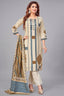Cream Crepe Art Silk Printed Straight Cut Kurti Set with Mirror Work