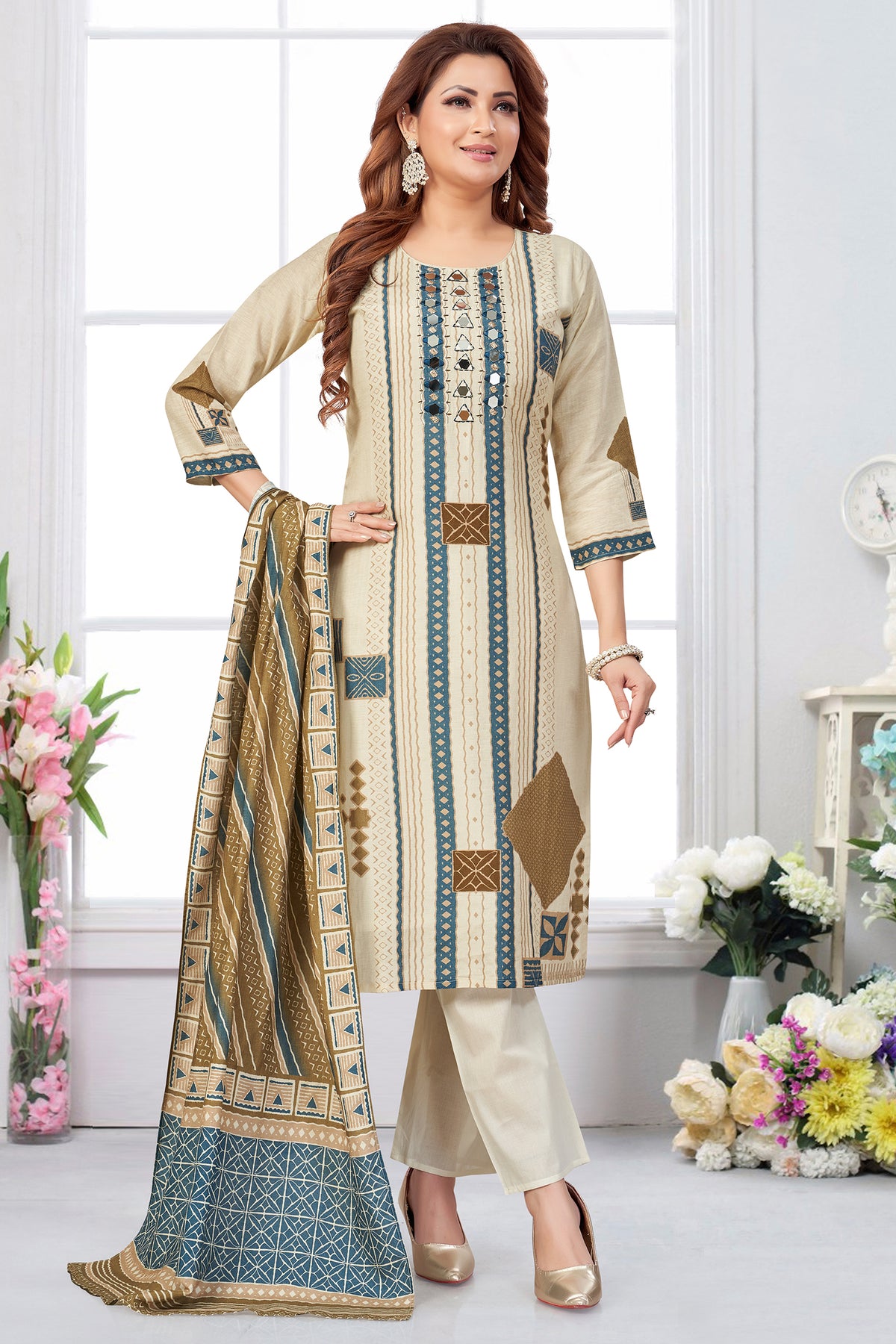 Cream Crepe Art Silk Printed Straight Cut Kurti Set with Mirror Work
