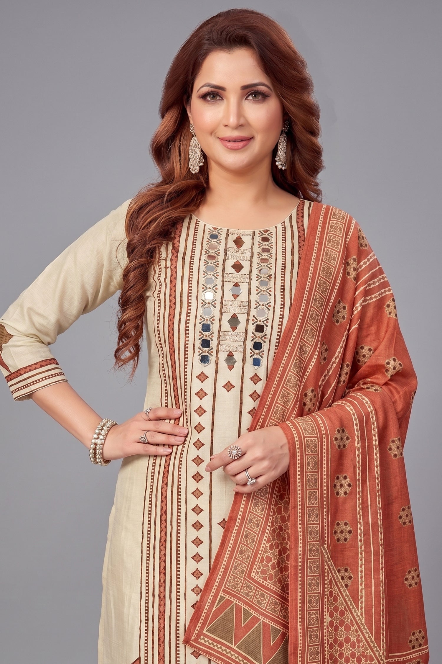 Cream Crepe Art Silk Printed Straight Cut Kurti Set with Mirror Work