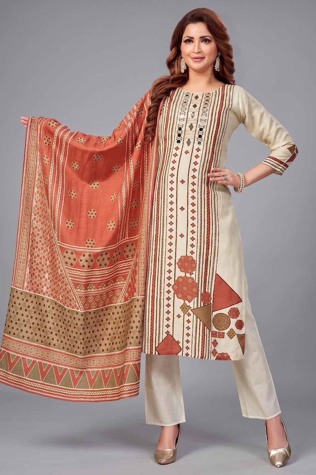 Cream Crepe Art Silk Printed Straight Cut Kurti Set with Mirror Work