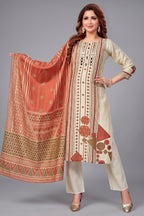 Cream Crepe Art Silk Printed Straight Cut Kurti Set with Mirror Work