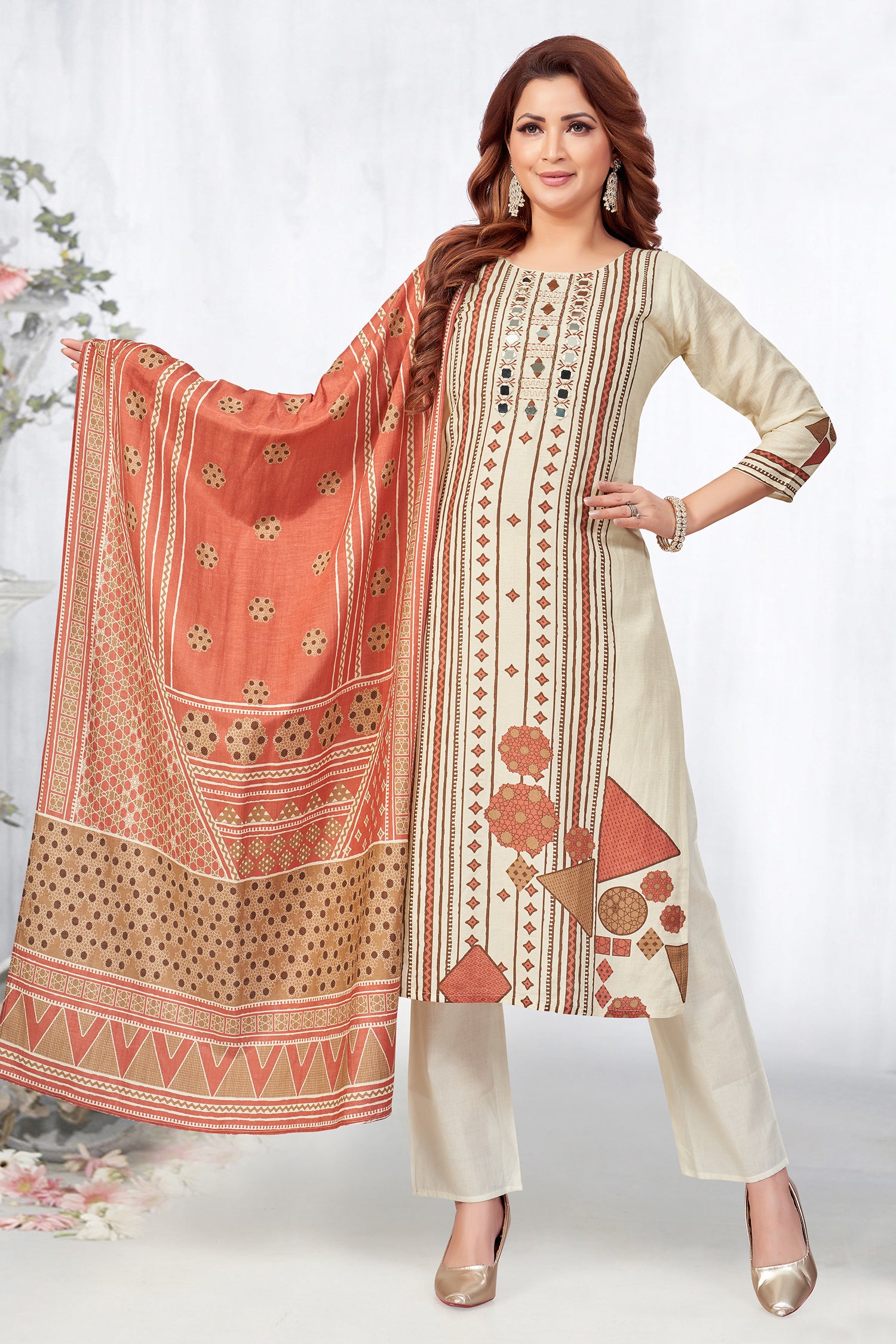 Cream Crepe Art Silk Printed Straight Cut Kurti Set with Mirror Work Secondary image