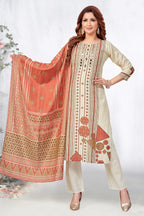Cream Crepe Art Silk Printed Straight Cut Kurti Set with Mirror Work