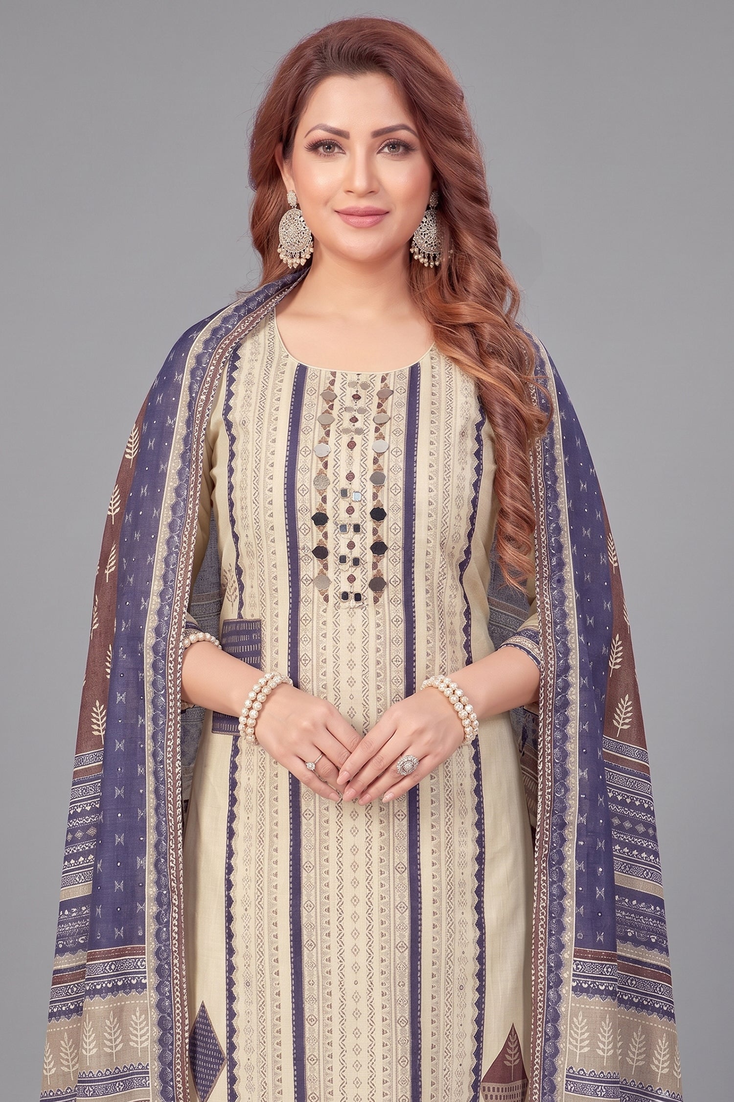 Cream Crepe Art Silk Printed Straight Cut Kurti Set with Mirror Work Secondary image