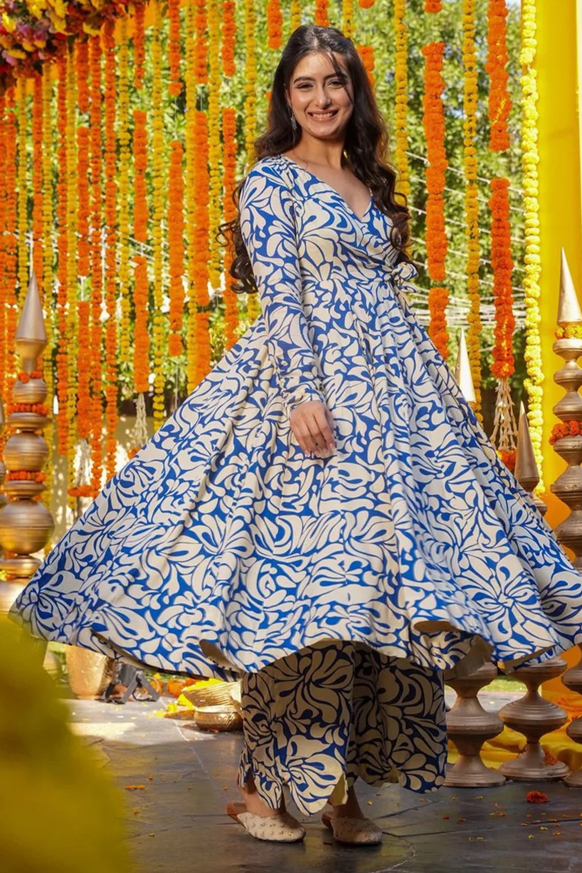 Sapphire River Abstract Motif Cotton Silk Anarkali Kurti with Bottom