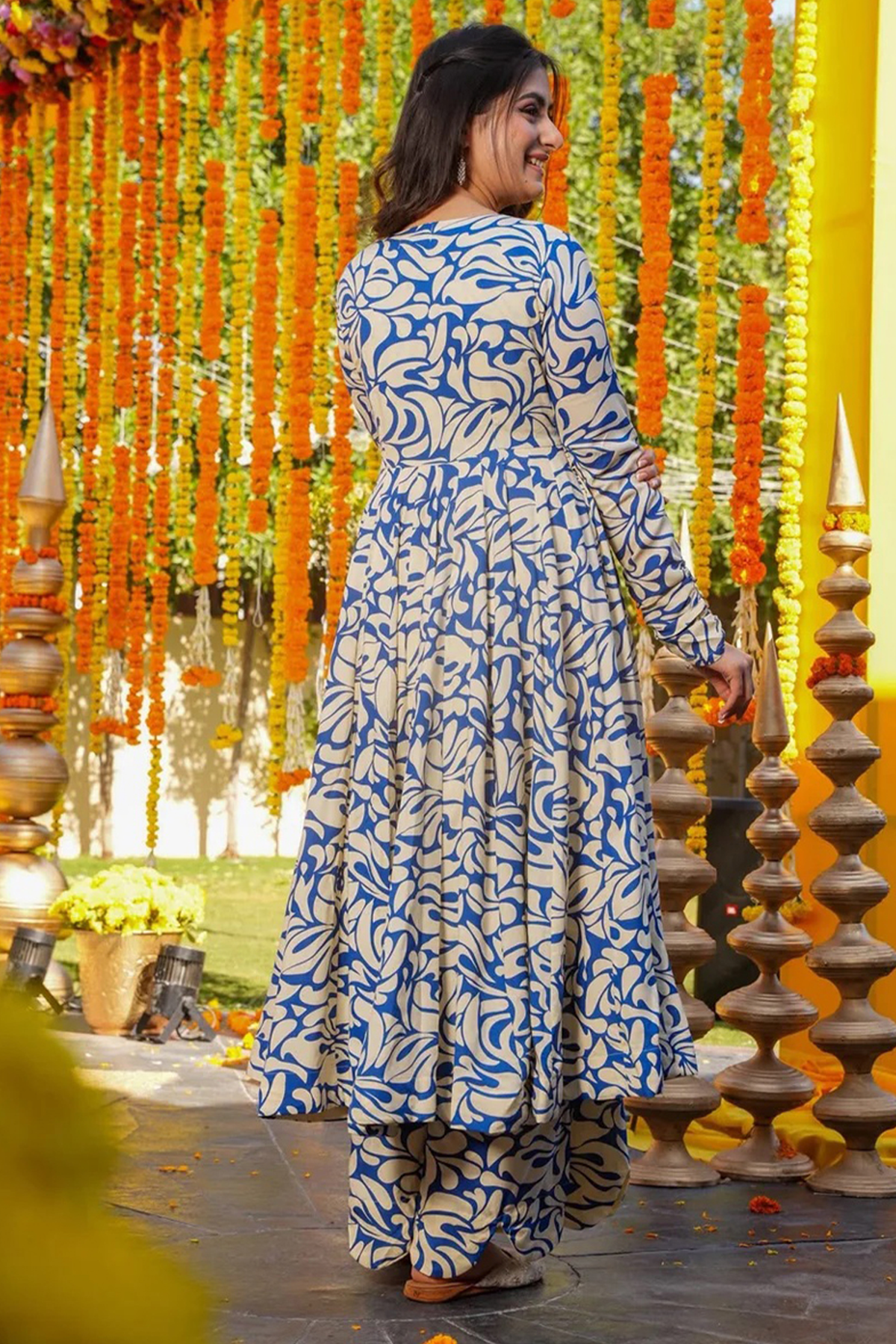 Sapphire River Abstract Motif Cotton Silk Anarkali Kurti with Bottom