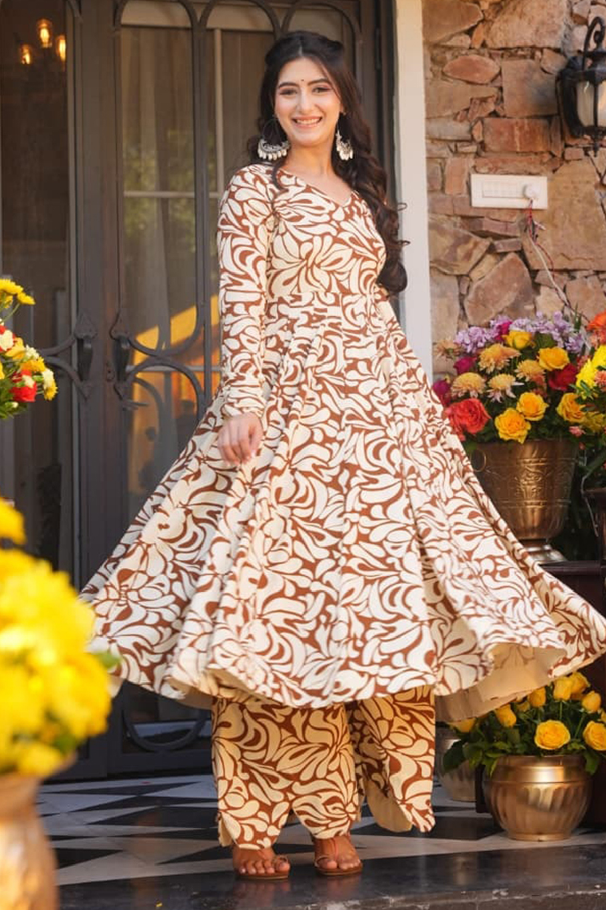 Mocha Brown & Ivory Abstract Swirl Printed Cotton Silk Flared Kurti with Bottom