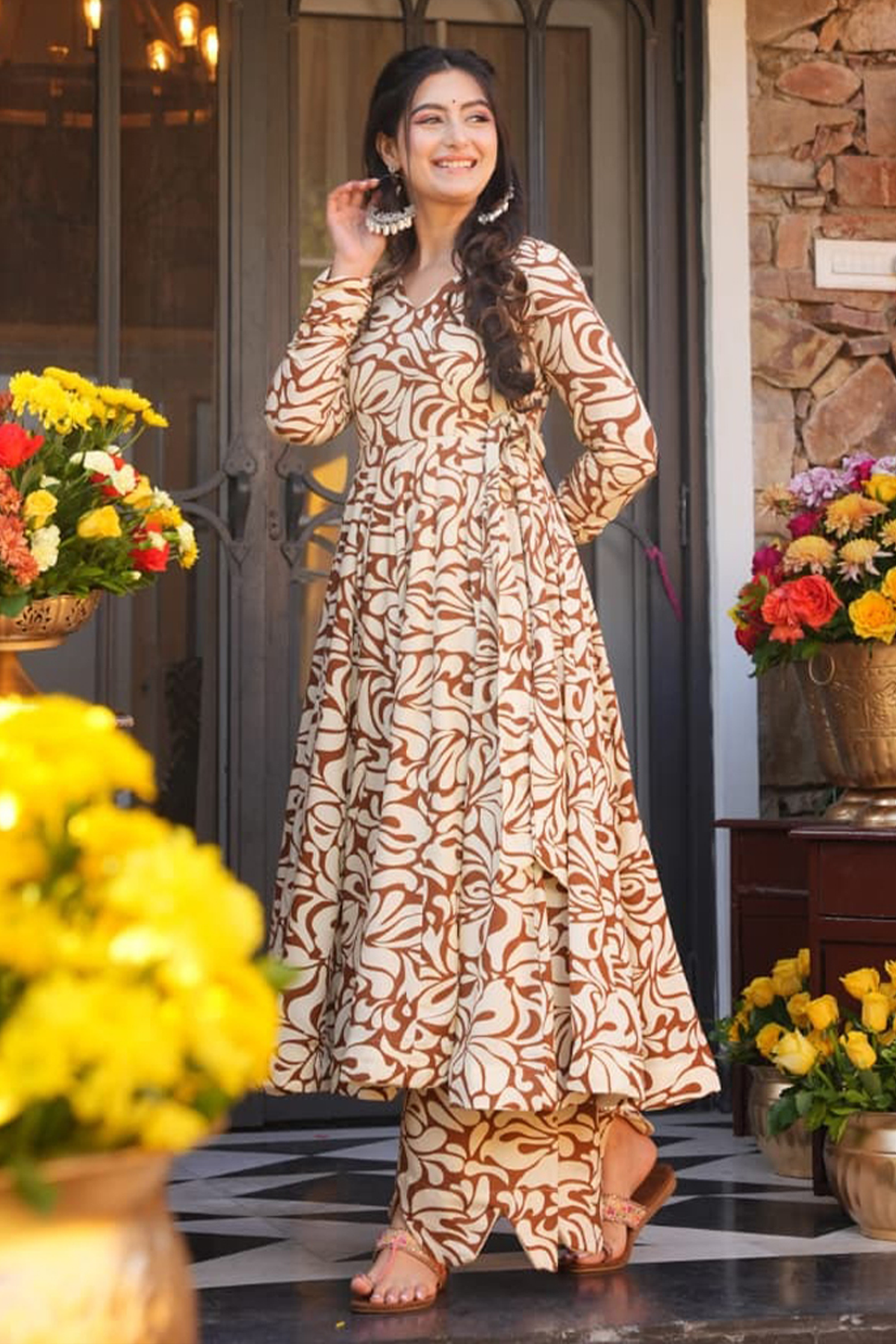 Mocha Brown & Ivory Abstract Swirl Printed Cotton Silk Flared Kurti with Bottom