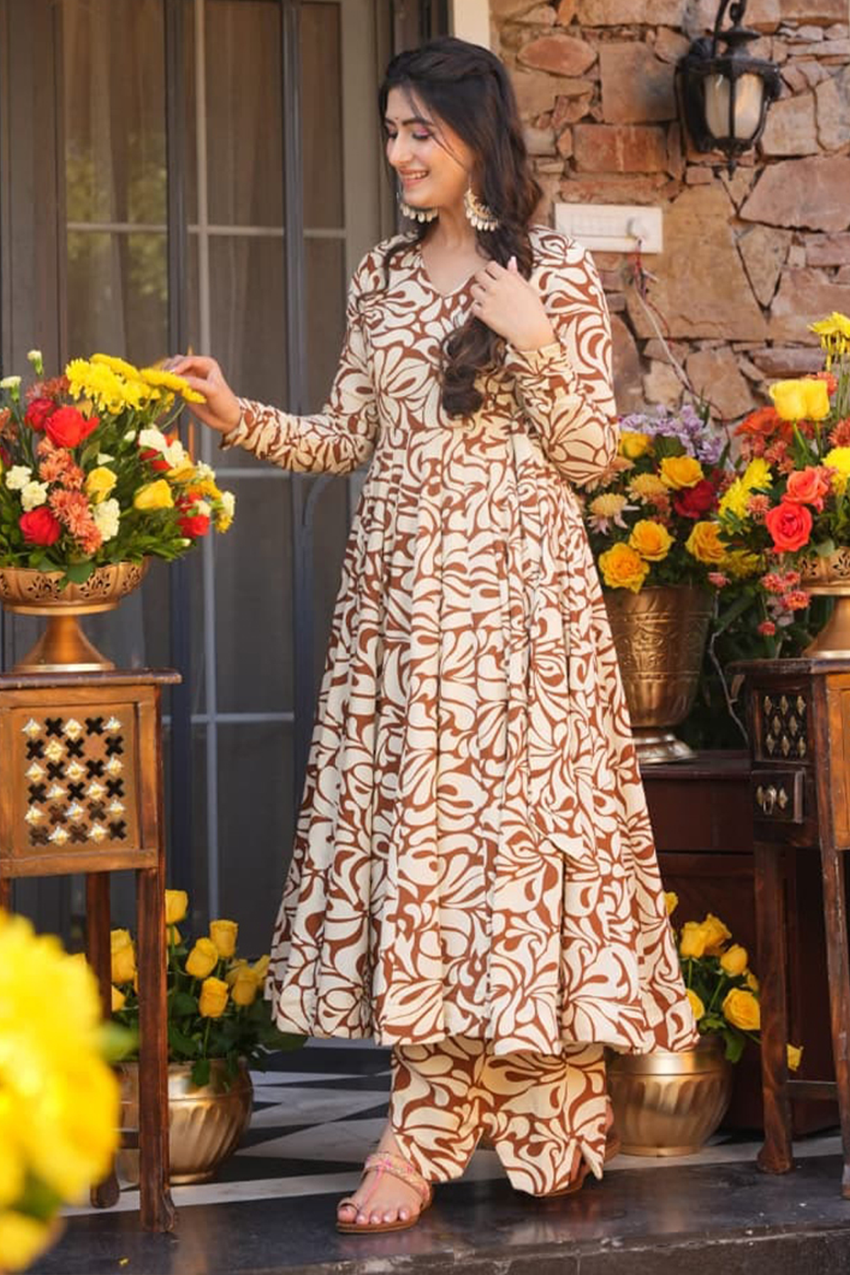Mocha Brown & Ivory Abstract Swirl Printed Cotton Silk Flared Kurti with Bottom