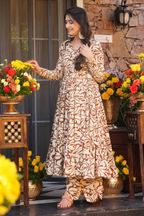 Mocha Brown & Ivory Abstract Swirl Printed Cotton Silk Flared Kurti with Bottom