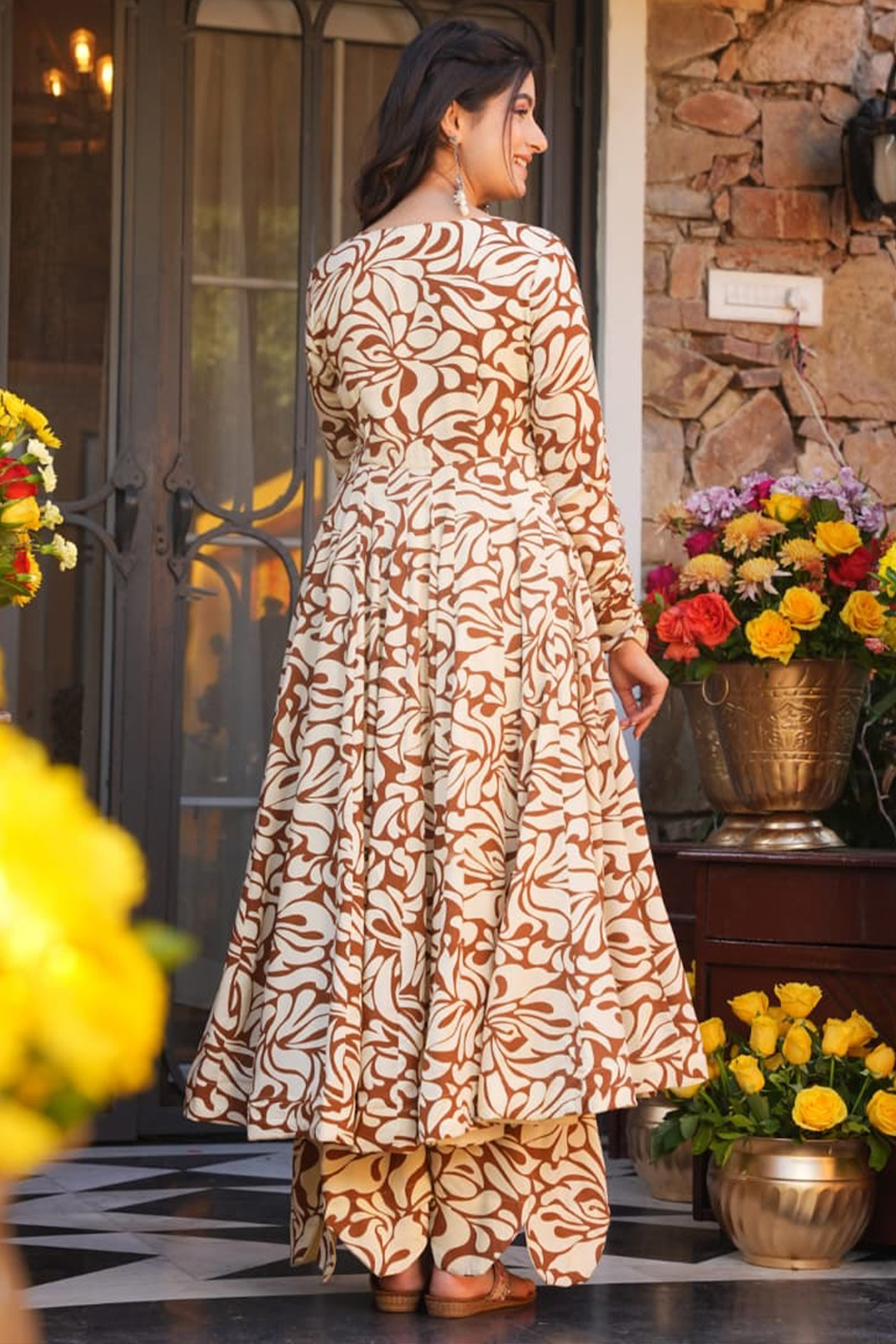 Mocha Brown & Ivory Abstract Swirl Printed Cotton Silk Flared Kurti with Bottom