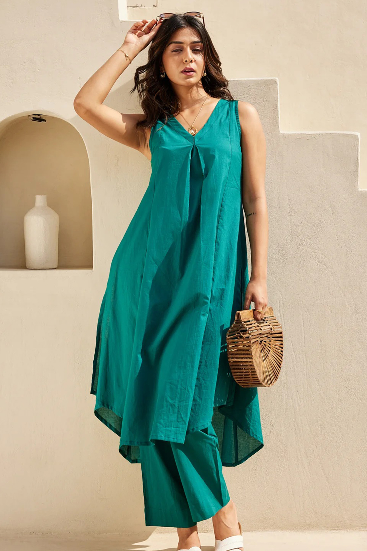 Emerald Rama Asymmetric Pure Cotton Kurti with Bottom