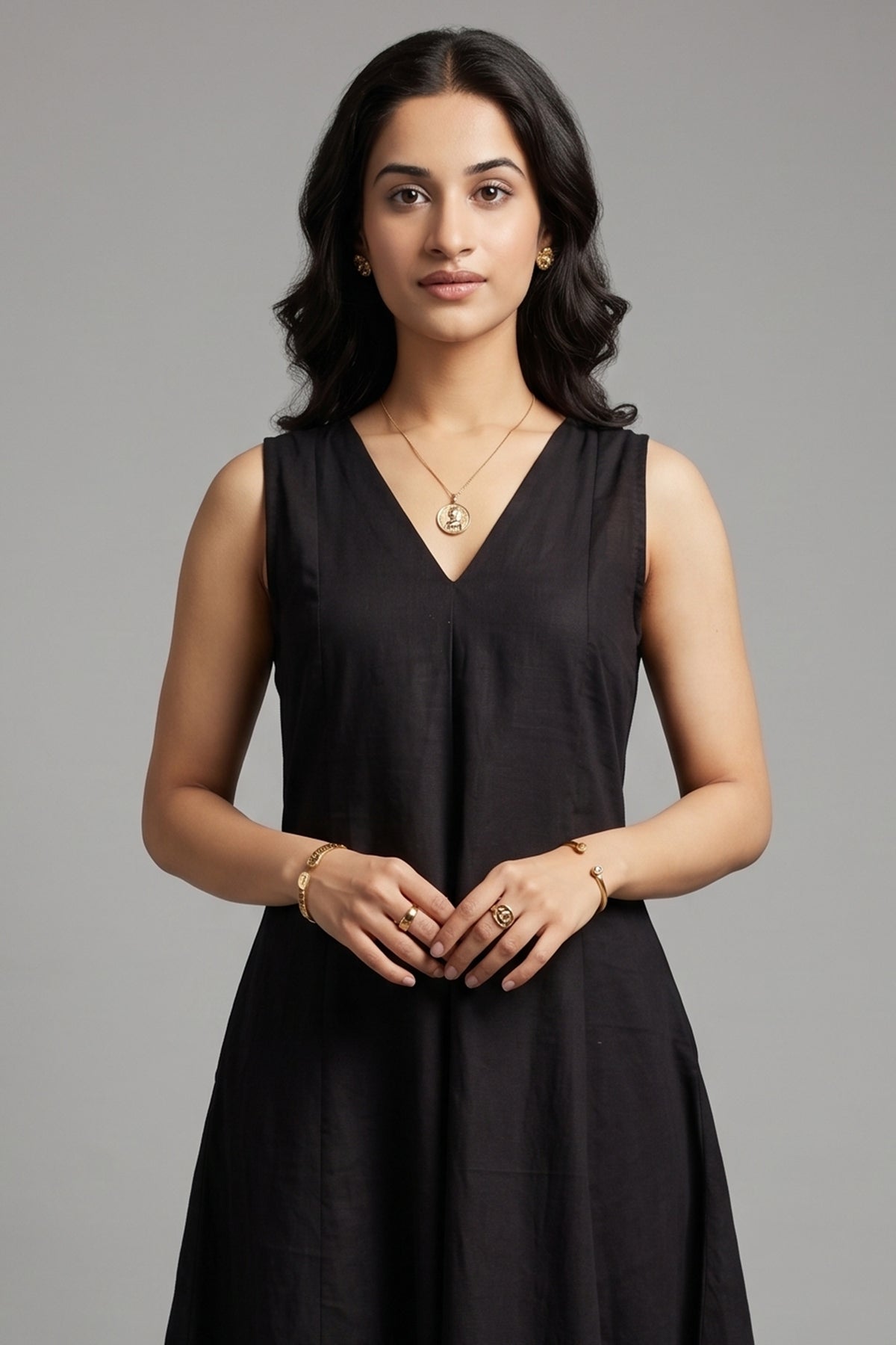 Obsidian Black Sleeveless V-Neck Co-Ord Set with Straight Pant