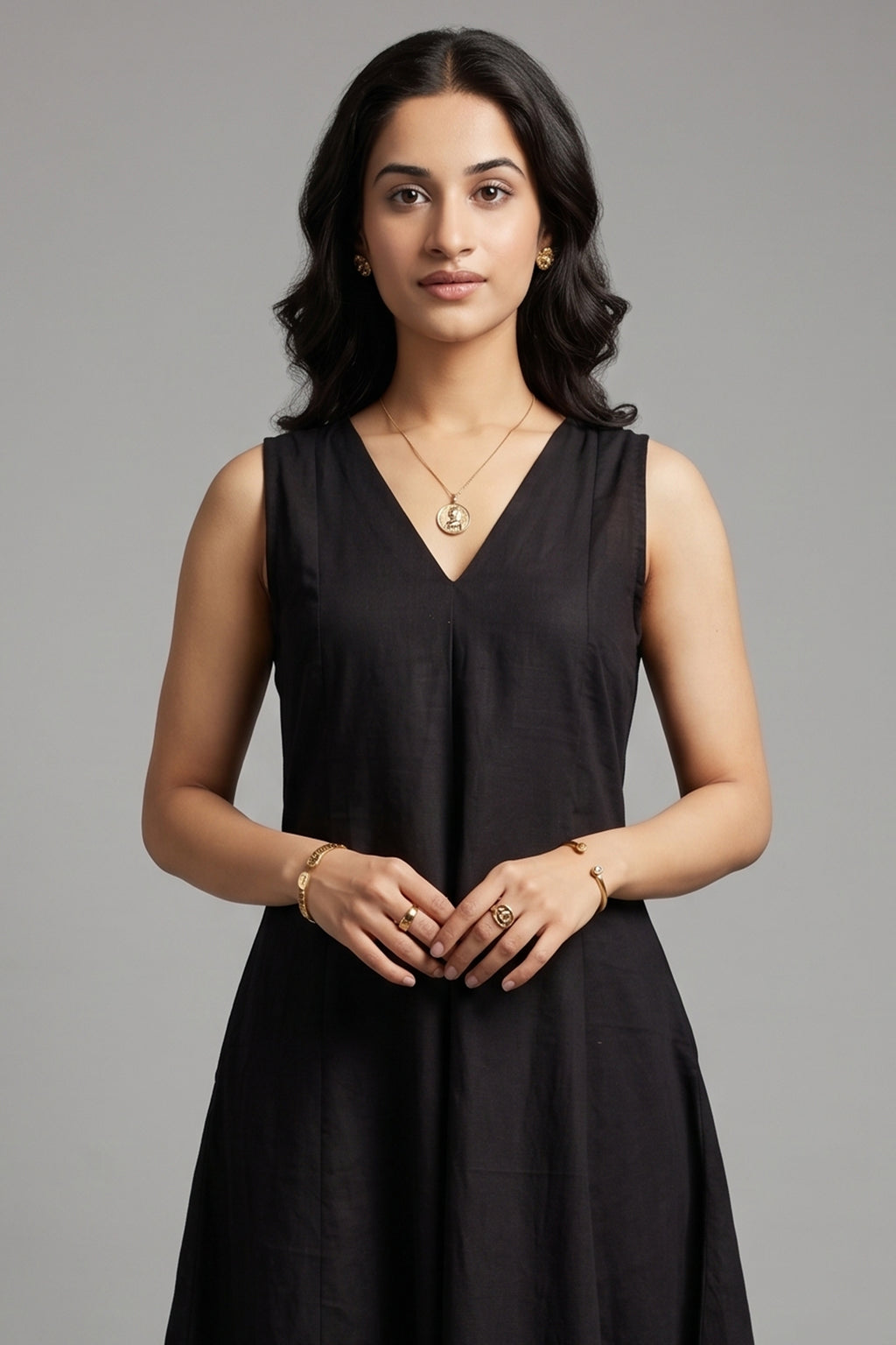 Obsidian Black Sleeveless V-Neck Co-Ord Set with Straight Pant