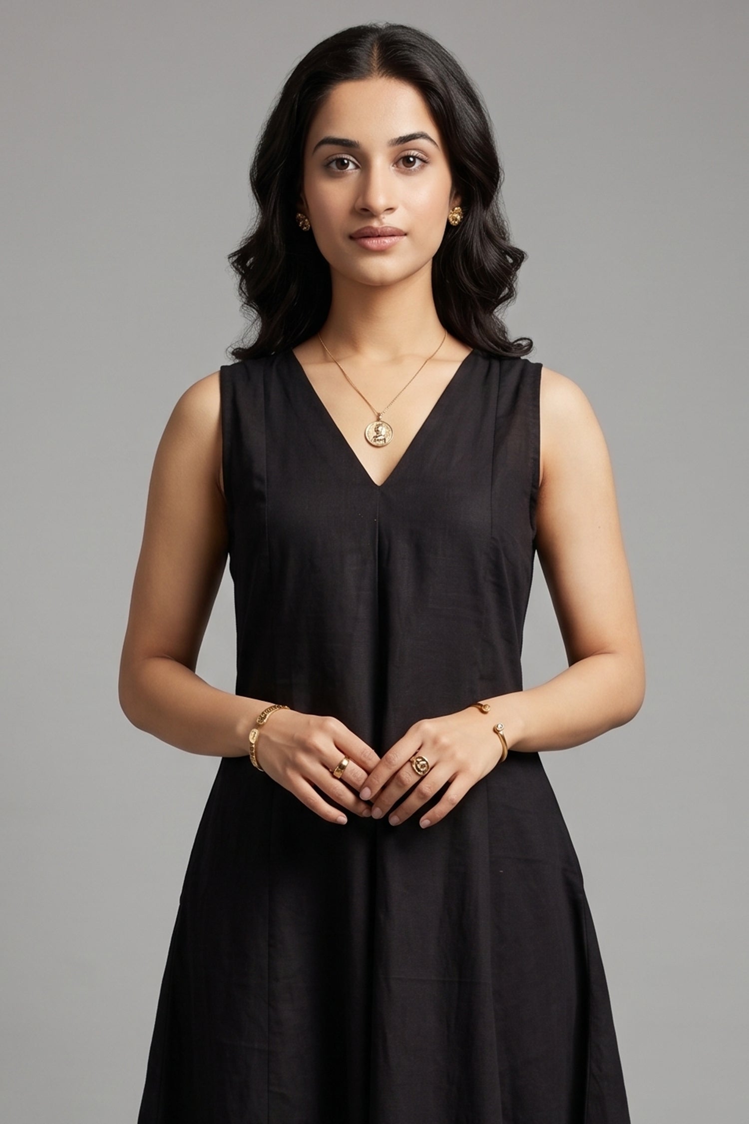 Obsidian Black Sleeveless V-Neck Co-Ord Set with Straight Pant
