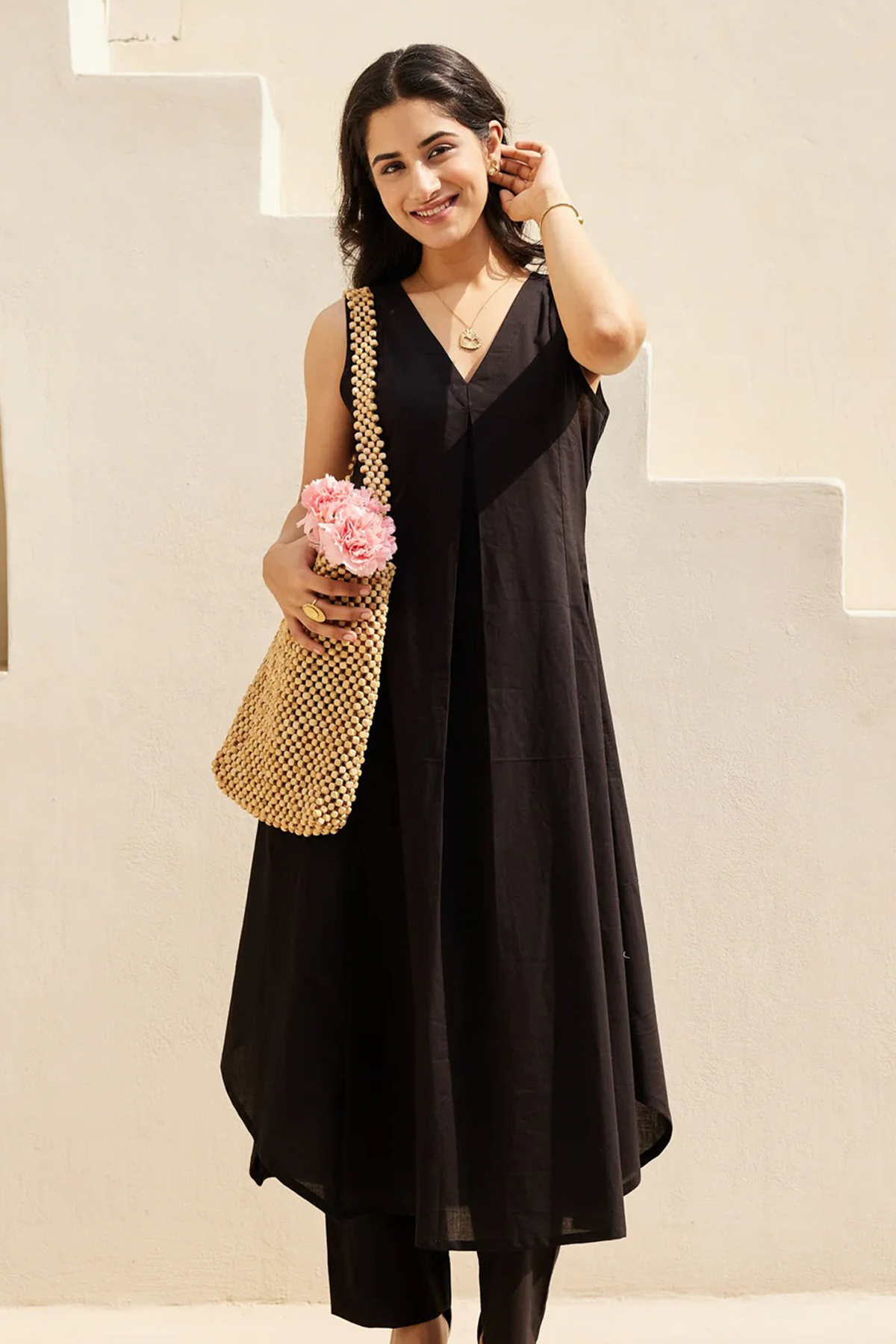 Obsidian Black Sleeveless V-Neck Co-Ord Set with Straight Pant