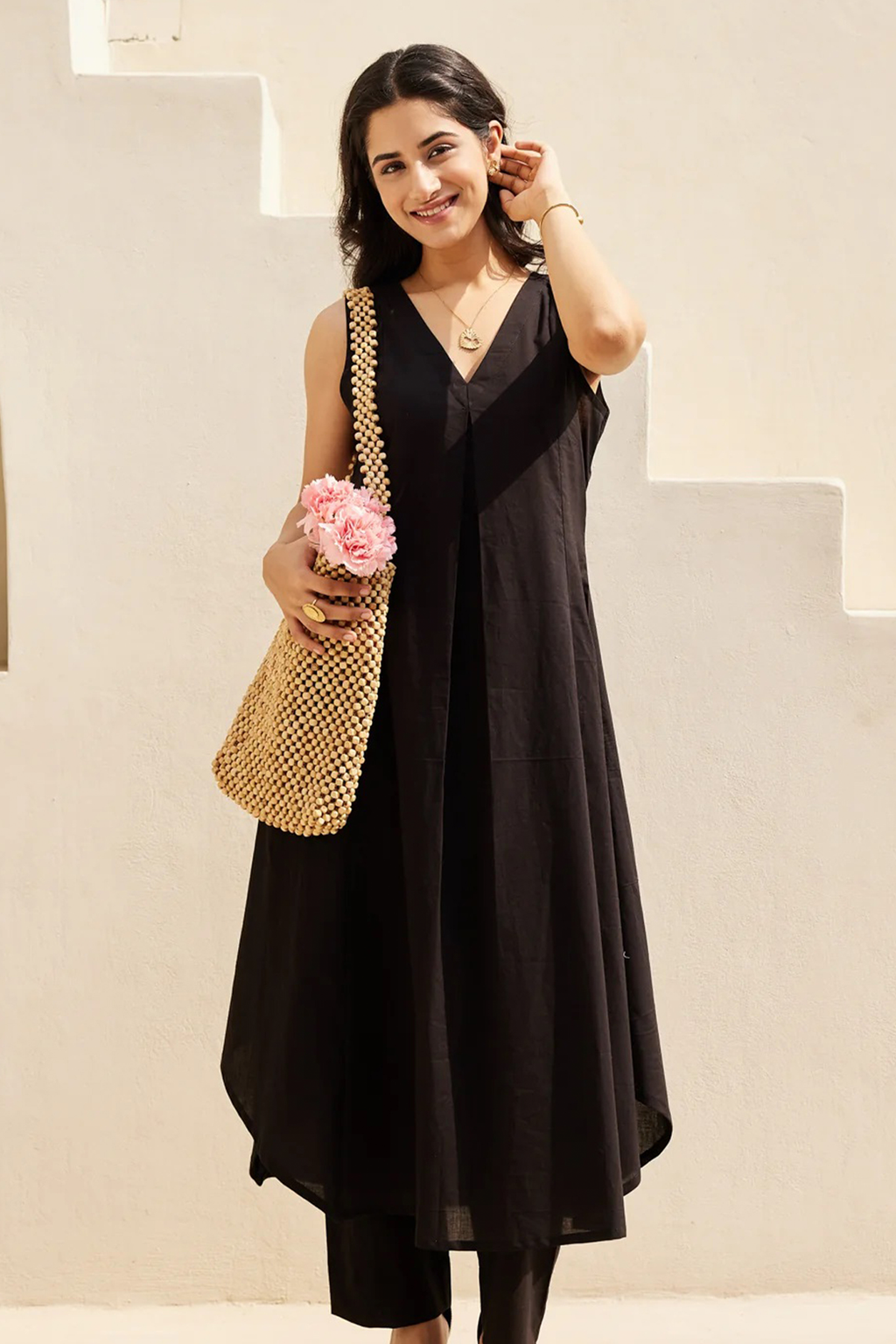 Obsidian Black Sleeveless V-Neck Co-Ord Set with Straight Pant