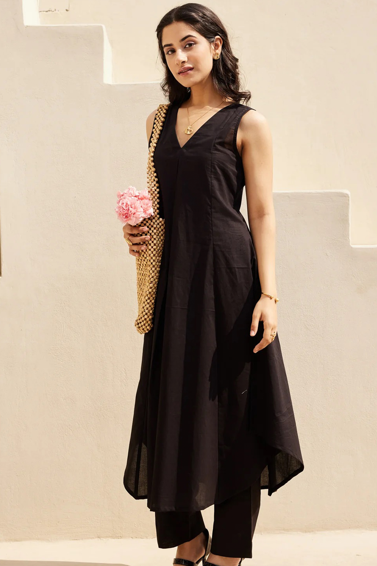 Obsidian Black Sleeveless V-Neck Co-Ord Set with Straight Pant