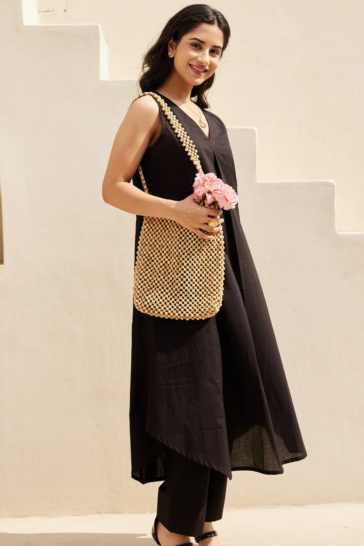 Obsidian Black Sleeveless V-Neck Co-Ord Set with Straight Pant