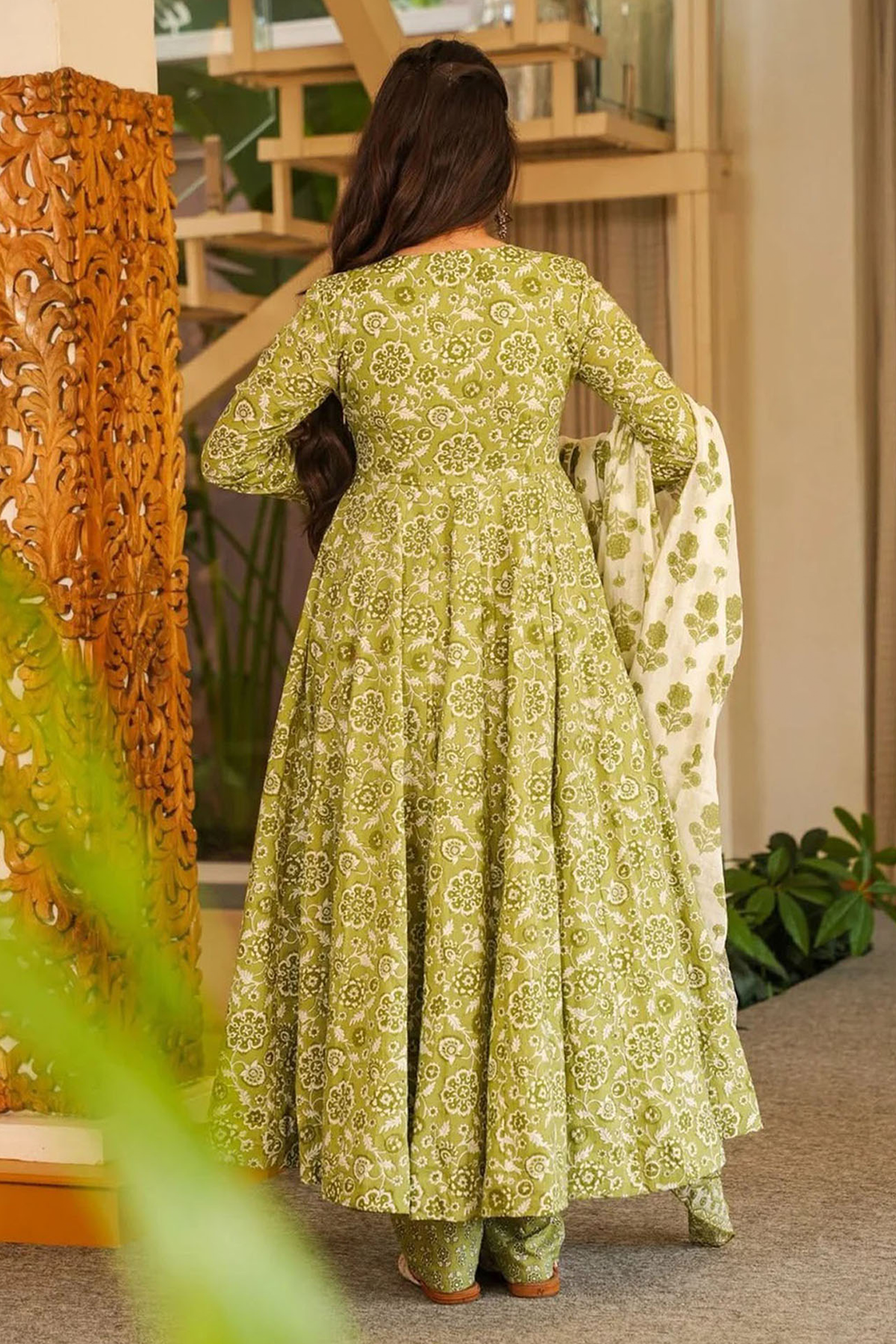 Spring Green Botanical Print Cotton Silk Flared Kurti Set